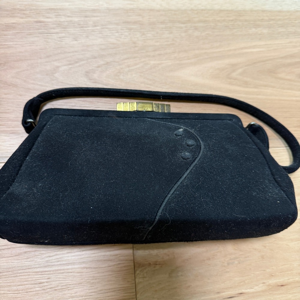 Vintage Handbag Women Small Black  Suede Art Deco Bag Attached Coin Purse